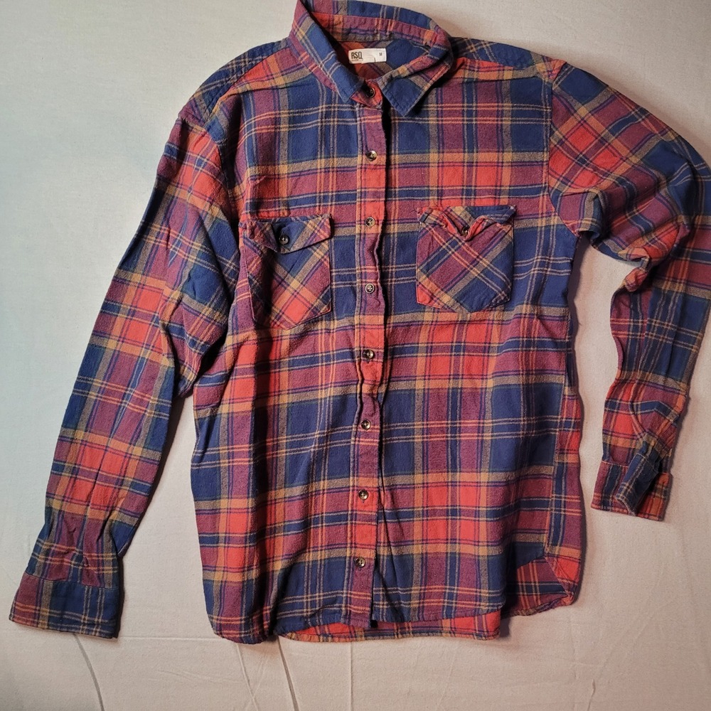 RSQ Collective Mens Medium Red Blue Plaid Flannel Button Down Shirt Long Sleeve‎